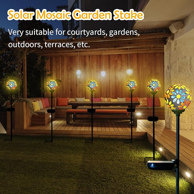 Afirst Solar Lights Outdoor Decorative - Solar Gazing Ball Mosaic Garden Stakes Flower Decorative Lights Waterproof for Pathway Yard Lawn Decoration Yellow-Ruum Studio Home