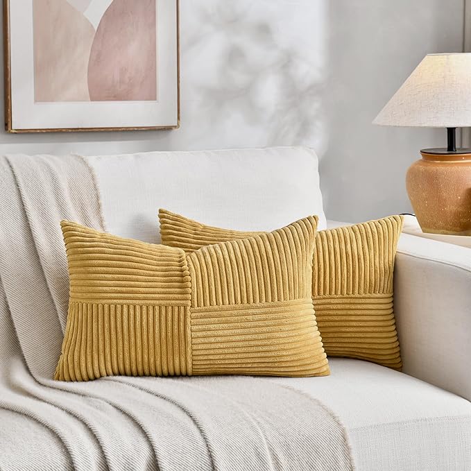 Fancy Homi 2 Packs Mustard Yellow Long Lumbar Decorative Throw Pillow Covers 16x24 Inch for Couch Bed, Rustic Farmhouse Boho Home Decor, Soft Striped Corduroy Rectangle Accent Cushion Case 40x60 cm-Ruum Studio Home