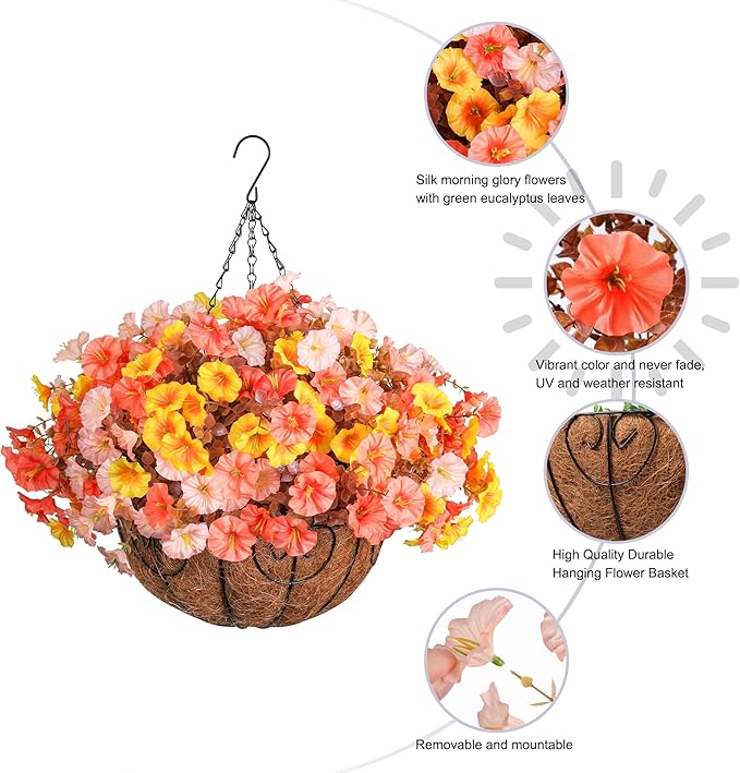 Artificial Fall Flowers Fake Hanging Plants Flowers Basket for Outdoors Autumn Decoration, Silk Morning Glory with Eucalyptus Look Real UV Resistant Faux Flowers for Outside Porch Patio Balcony, Mix-Ruum Studio Home