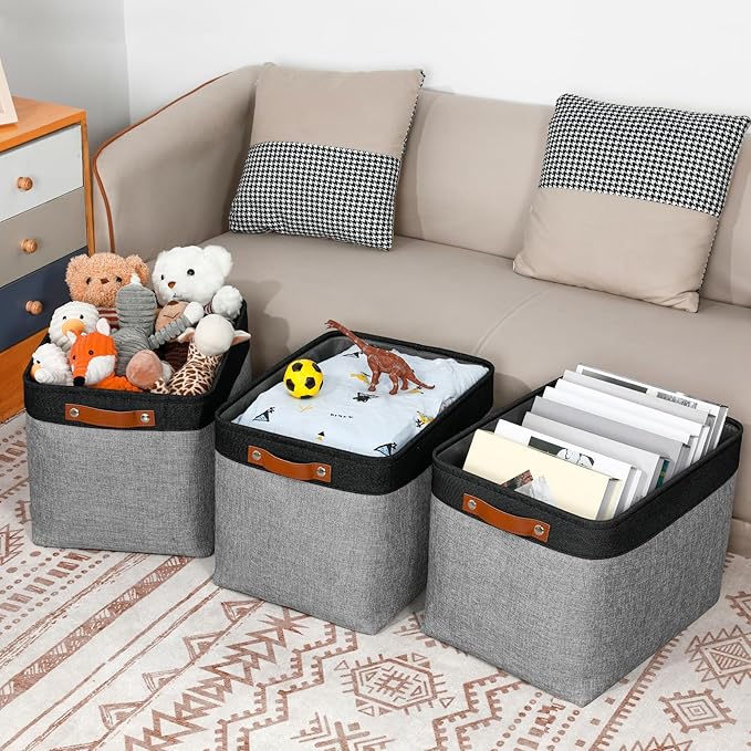 DULLEMELO Fabric Storage Bins - Decorative Large Baskets for Home Shelves & Bedroom, Canvas Toy Organizers (Black & Gray)-Ruum Studio Home