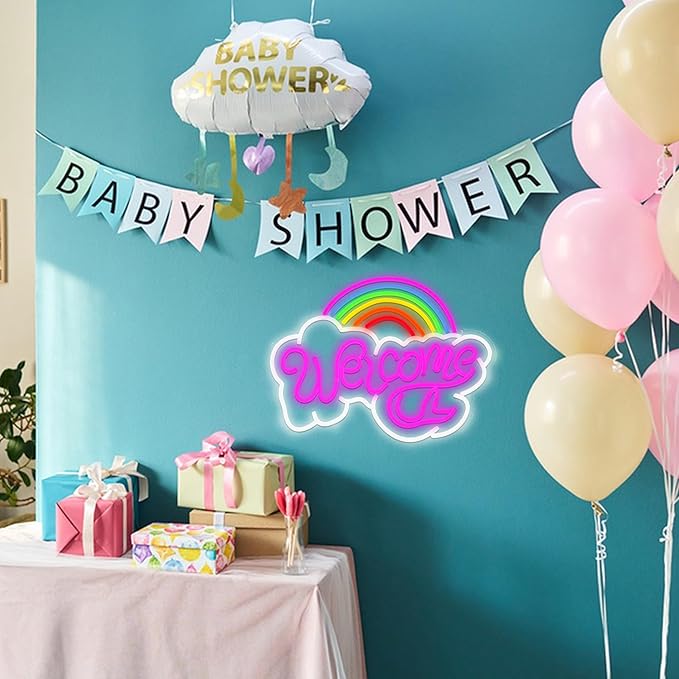 LISIGNVE Rainbow Welcome Neon Sign Cloud Light Up Sign Welcome Led Sign Rainbow Neon Light with USB for Bedroom Wedding Party School Business Wall Decor (16.5”*12.6”)-Ruum Studio Home