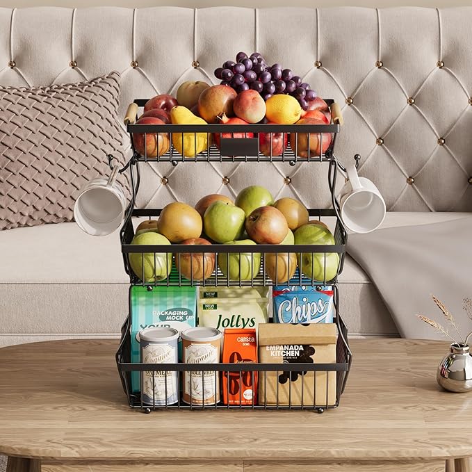 3 Tier Fruit Basket for Kitchen Counter with 2 Banana Hangers, Countertop Metal Fruit Bowl with Wooden Handle, Large Storage Stand for Vegetables, Snacks, Breads, Produce Storage – Black-Ruum Studio Home