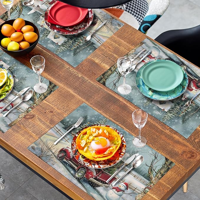 Red Truck Xmas Tree Snowman Christmas Placemats Set of 4 Winter Snowflake Vintage Farmhouse Rustic Place Mats 12x18 Inch Seasonal Christmas Holiday Washable Table Mats for Party Kitchen Dining Decor-Ruum Studio Home