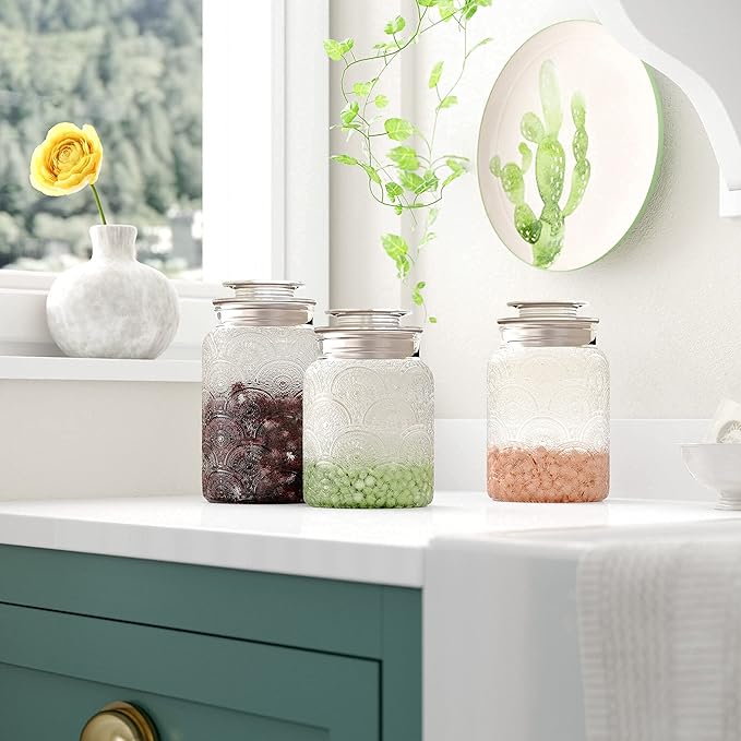 Le'raze Food Storage Containers with Airtight Lids - Retro Design - Pantry Organization, Glass Canisters Storage for Cookies, Tea, Sugar, Candy Jars, Sugar Packet, Set of 3-Ruum Studio Home