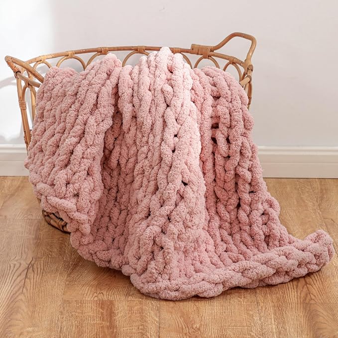 WESHIONGOO Chunky Knit Blanket Throw 40"×40" Knitted Throw Blankets for Couch Bed Fluffy Soft Blanket with Jumbo Chenille Yarn Thick 100% Handmade(Pink)-Ruum Studio Home