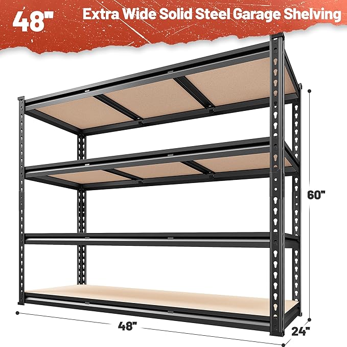 REIBII 48" W Garage Shelving Heavy Duty 2550 LBS Storage Shelves 4 Tier Heavy Duty Shelving, Adjustable Metal Shelves, Industrial Shelf for Garage, Warehouse, Pantry, 48" W x 60" H x 24" D-Ruum Studio Home