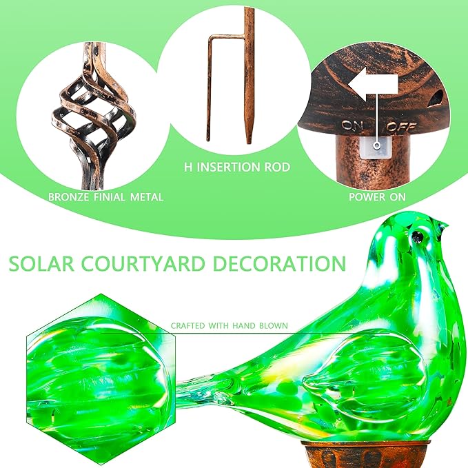 Decorative Solar Lights Outdoor Solar Bird Stake Lights Hand Blown Glass Decorative Garden Pathway Lights Outdoor Waterproof Glass Stakes (Green)-Ruum Studio Home