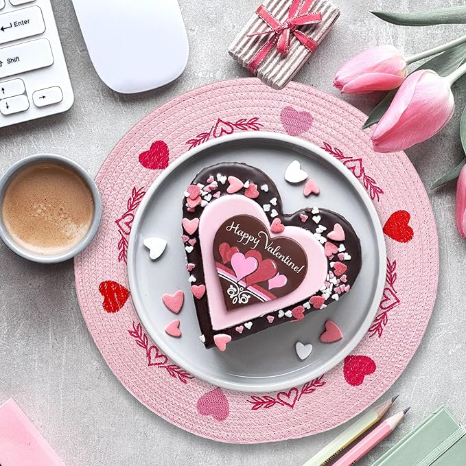 Whaline 4Pcs Round Valentine Placemats Red Pink Heart Embroidered Place Mats Decorative Dinner Table Mats for Home Wedding Anniversary Party Decor-Ruum Studio Home