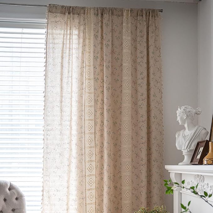 Sutuo Home Boho Curtain Semi-Blackout Crochet Hollow Lace Patchwork with Floral Print Cotton Linen Fabric, Handmade Tassels Rod Pocket Bohemian Window Drapes for Living Bedroom, 59"W x 63"L, 1 Panel-Ruum Studio Home