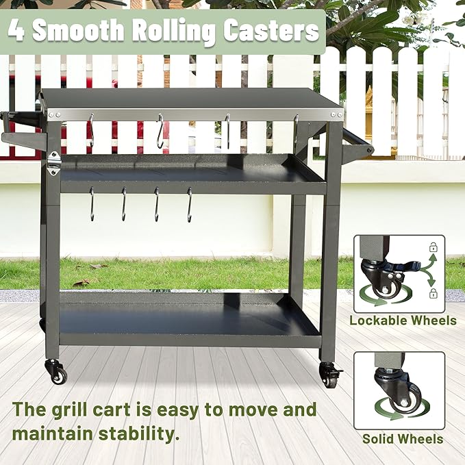 Domi 3-Shelf Outdoor Grill Table, Grill Cart Outdoor with Wheels, Pizza Oven and Food Prep Table, Blackstone with Stainless Steel Tabletop, BBQ Stand for Blackstone Griddle for Outside BBQ-Ruum Studio Home