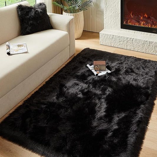 AMTOVO Faux Fur Sheepskin Rug for Living Room, 4 x 6 ft Black Fluffy Area Rug for Bedroom, Playroom, Luxury Room Decor, Rectangle-Ruum Studio Home
