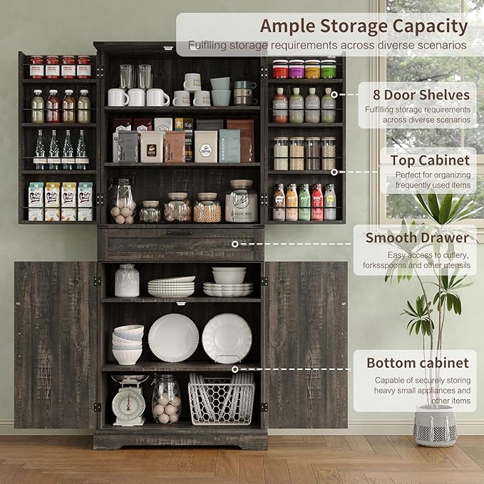 72'' Kitchen Storage Pantry Cabinet, Tall Storage Cabinet with 8 Door Shelves, 2 Cabinets and 1 Drawer, Freestanding Cupboard for Kitchen, Dining Room, Bathroom, Laundry, Living Room, Dark Rustic Oak-Ruum Studio Home