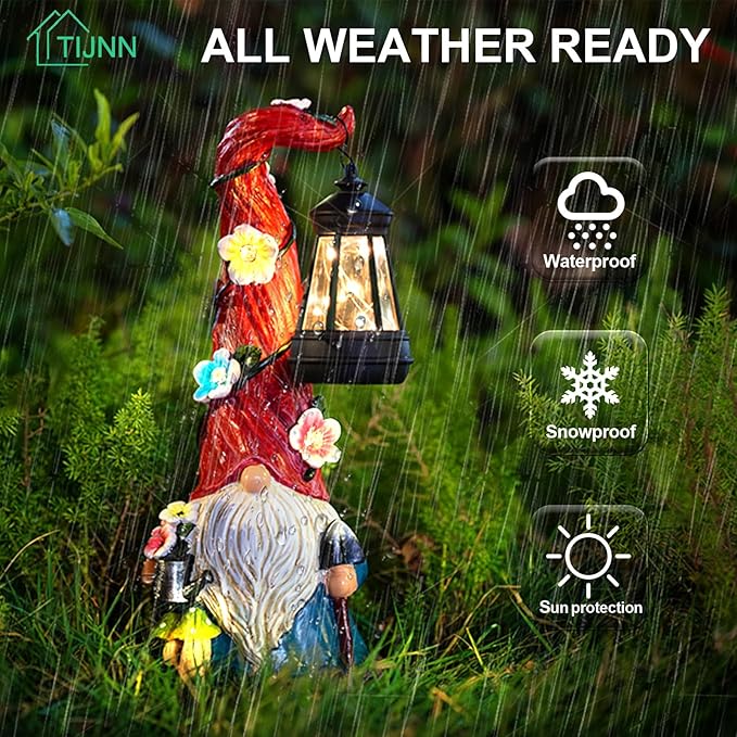 TIJNN Solar Garden Gnome Statue with Lantern, Dwarf Gardener Outdoor Decor for Patio, Yard, Porch Garden Gifts-Ruum Studio Home