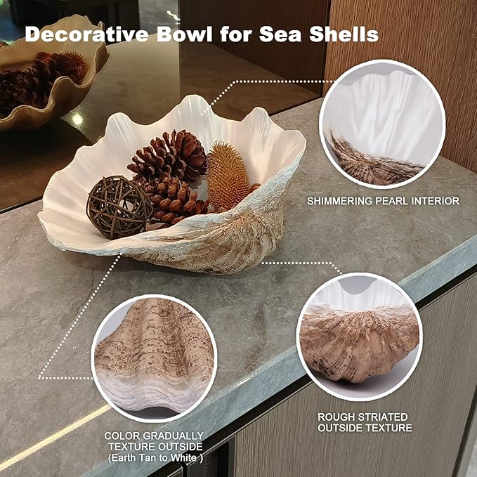 Large EarthTan-White Sea Shells Decorative Bowl Resin Clam Shell Bowl Beach Decorations for Home Coastal Beach Decor Decoration Storage Bowls & Home Office Nautical Themed Party Decor -10.2"-1PC-Ruum Studio Home