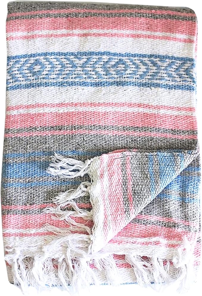 Del Mex Classic Mexican Blanket, Large Authentic Woven Falsa Throw (70"x50"), Artisan Southwest Décor for Beach, Yoga, Outdoors (Light Pink/Blue)-Ruum Studio Home