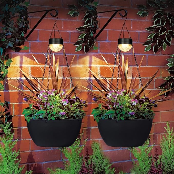 2 Packs Hanging Planters Basket for Outdoor Plants, Solar Powered Self Watering Black Round Plastic Flower Pots with Drainer for Balcony Patio Garden Outdoor Decoration-Ruum Studio Home