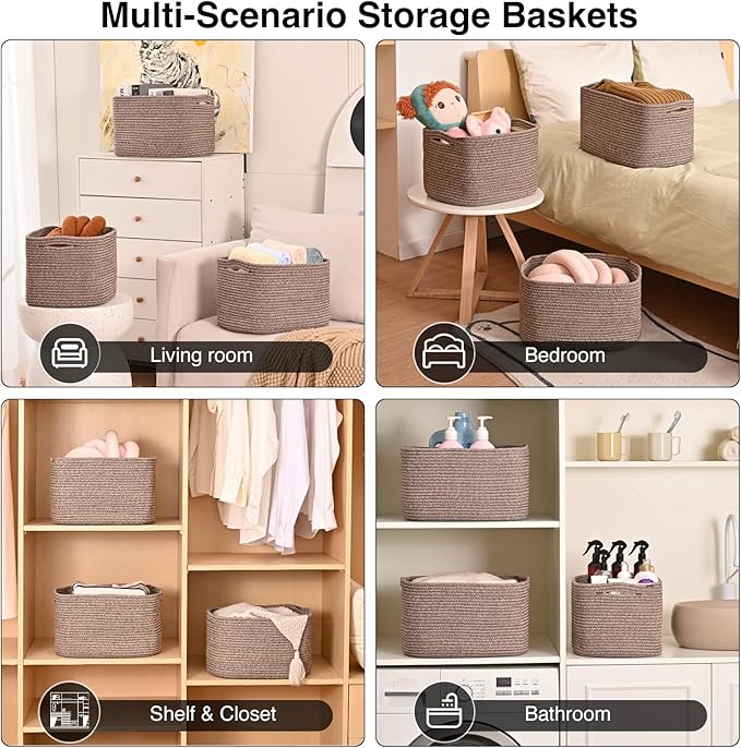 Storage Baskets for Organizing Shelves, Woven Cotton Rope Bins for Baby Nursery Organization, Book Toy Towel Organizer, 15"x11"x9.5", 3 Packs, Dark Brown-Ruum Studio Home