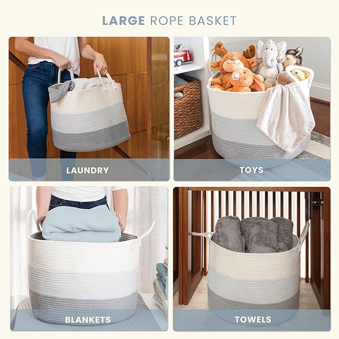 OrganiHaus Large Laundry Basket, Woven Cotton Rope Basket for Blankets, Toy Storage, Nursery Hamper, Living Room Decor Organizer, Soft & Durable Hamper with Handles, 20x13 inches - Gray-Ruum Studio Home