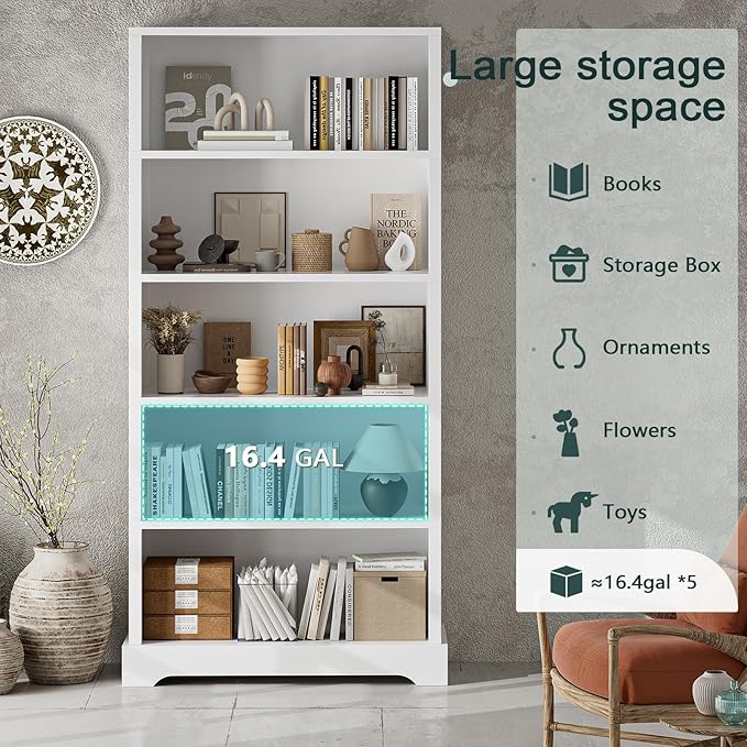 TVU 5-Shelf Wood Bookcase, 65 Inch Tall Bookshelf with Storage, Floor Standing Display Book Shelf，for Living Room Bedroom Study Office, White-Ruum Studio Home