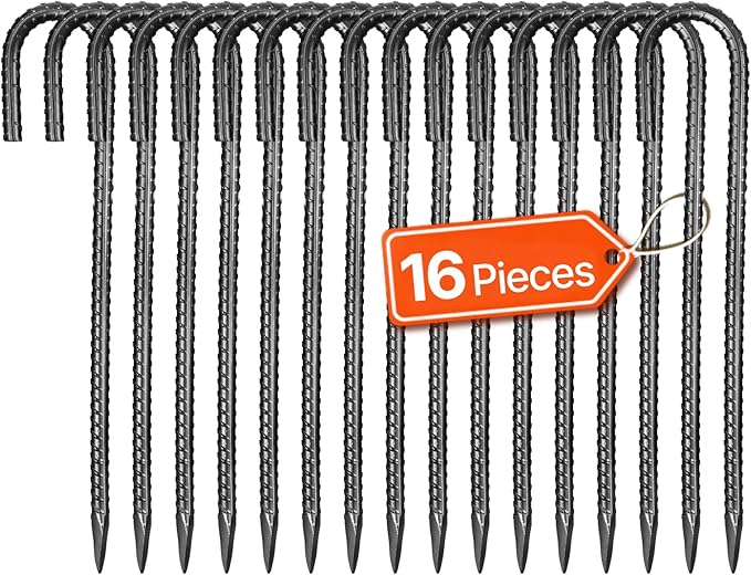VEVOR Rebar Stakes, 12-Inch, Heavy-Duty 0.4 in Diameter J Hook, Galvanized Steel Ground Anchors with Chisel Point End & Rust-Resistant Coating, for Gardening Support, Fence, Camping Tents (16-Pack)-Ruum Studio Home