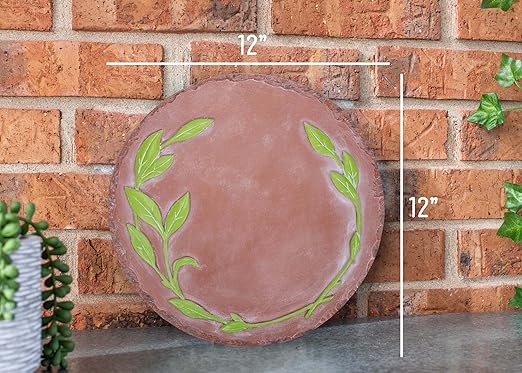NAT & Jules Floral Laurel Wreath Leaves Pattern Dimensional Indoor Outdoor 12 inch Round Cast Resin Decorative Garden Stepping Stone, Patio, Walkway Sculpture Yard Art, Green-Ruum Studio Home