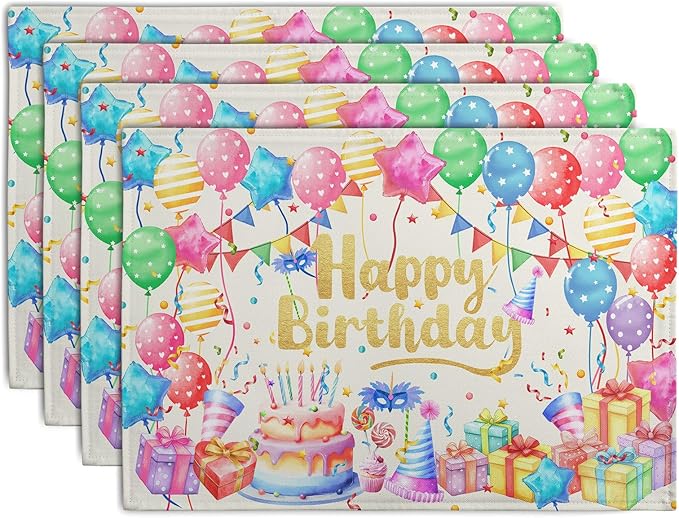 Happy Birthday Placemats Set of 4 Colorful Balloons Confetti Cake Linen Table Mats 12x18 Inch Birthday Party Place Mats for Kitchen Dining Outdoor Indoor Decorations-Ruum Studio Home