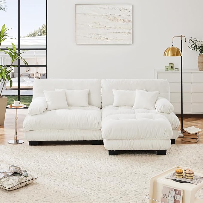 Loveseat Modular Sectional Sofa, L Shaped Couch with Ottoman, Cloud Couch Sectional Couch Home Sofa Living Room Oversized Couch Deep Seat Couch with Round Bolster Armrests 4 Pillows(White)-Ruum Studio Home