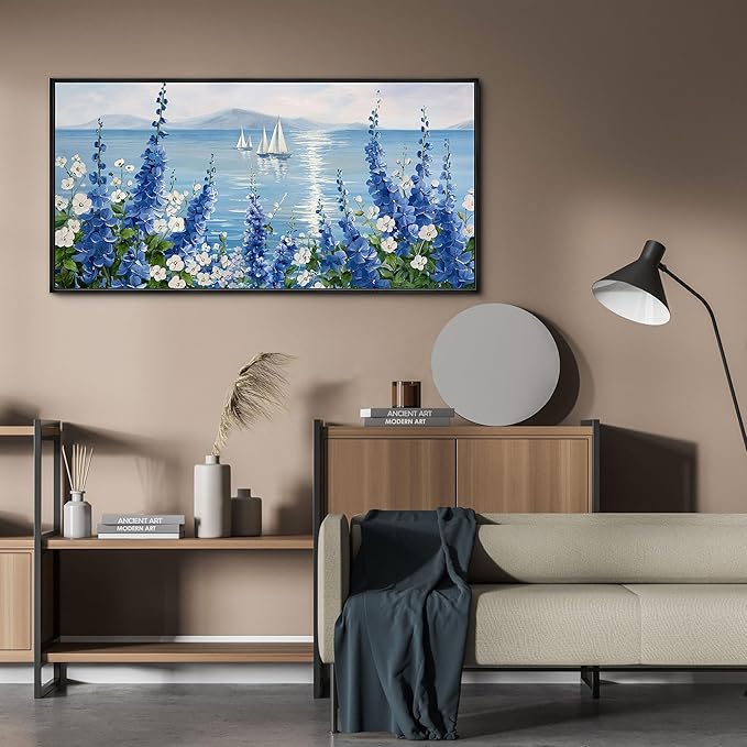 XLSJERST Sailboat Wall Art - Blue Canvas Abstract Painting Textured Picture Artwork Vintage Nautical Flower Painting Coastal Modern Print 20"x40" Frame for Living Room Bedroom Office Home Decoration-Ruum Studio Home