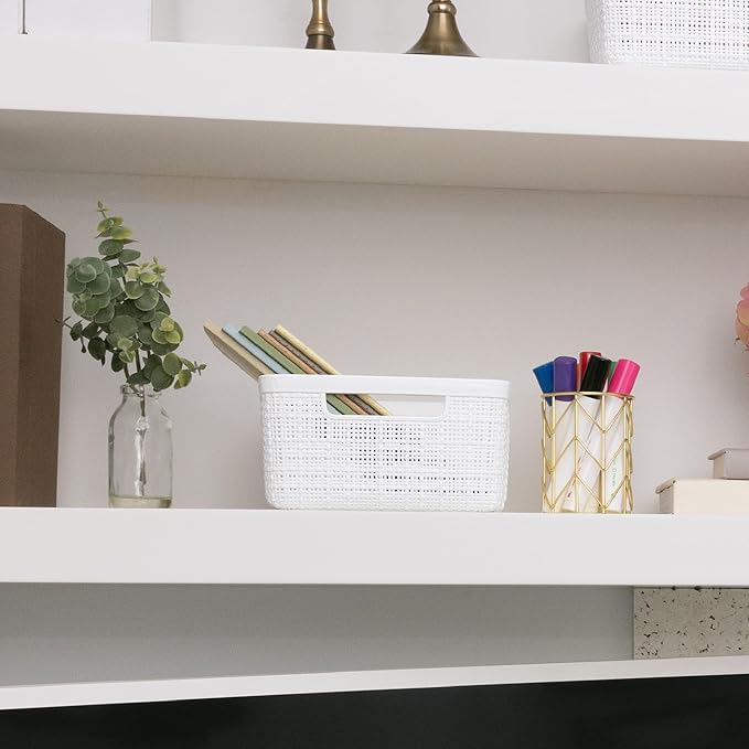 Curver Set of 8 Jute Small Decorative Plastic Organization and Storage Baskets, Perfect Bins for Home Office, Closet Shelves, Kitchen Pantry and All Bedroom Essentials-Ruum Studio Home