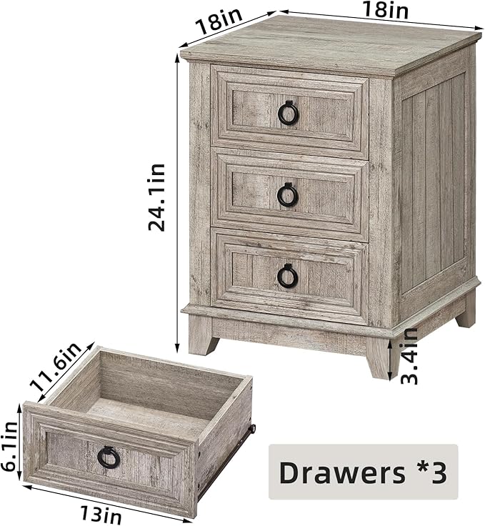 18" Farmhouse Night Stand with 3 Drawers, Wood End Table Dresser for Bedroom, Retro Oak Nightstand, Bed Side Table with Metal Handle, Bedside Cabinet for Bedroom Living Room, Closet-Ruum Studio Home