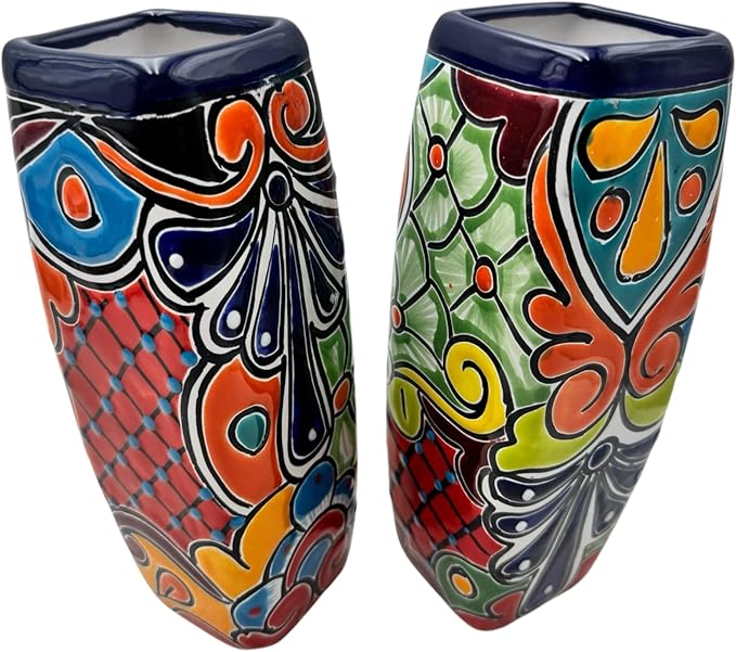 Talavera Planter Pot Square Vase Folk Art Mexican Pottery Handmade Hand Painted Home Decor Indoor Multicolor Outdoor 9.25" (Multi 22)-Ruum Studio Home