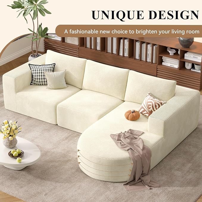 Modular Sectional Sofa with L-Shape Chaise,Cloud Sectional Modern Sleeper Couch with Deep Seat,Sponge Compression Sofas No Assembly Required(Beige-Corduroy Fabric) 1PCS-Ruum Studio Home