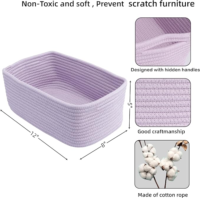 Small Woven Storage Baskets 12“X8”X5“ Decorative Rope Bins for Organizing Shelves, Closets, and Toys, Empty Gift Baskets, Cute Organizer Basket for Home and Office (purple, regular)-Ruum Studio Home