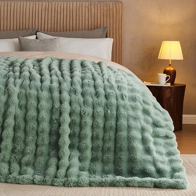 Lotus Karen Faux Fur Throw Blanket Sage Green - Big Bubble Rabbit Fluff Blanket for Couch Bed Sofa,Softest Fluffy Fuzzy Cozy Blanket,Plush Thick Furry Shaggy Warm Blankets for Women,108x90 Inches-Ruum Studio Home