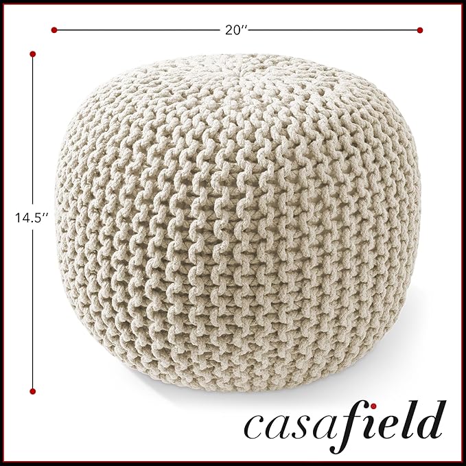Casafield Round Pouf Ottoman, Natural - 20" Diameter x 14.5" High Cotton Knit Foot Stool - Boho Floor Pouffe for Living Room, Bedroom, Home Office-Ruum Studio Home