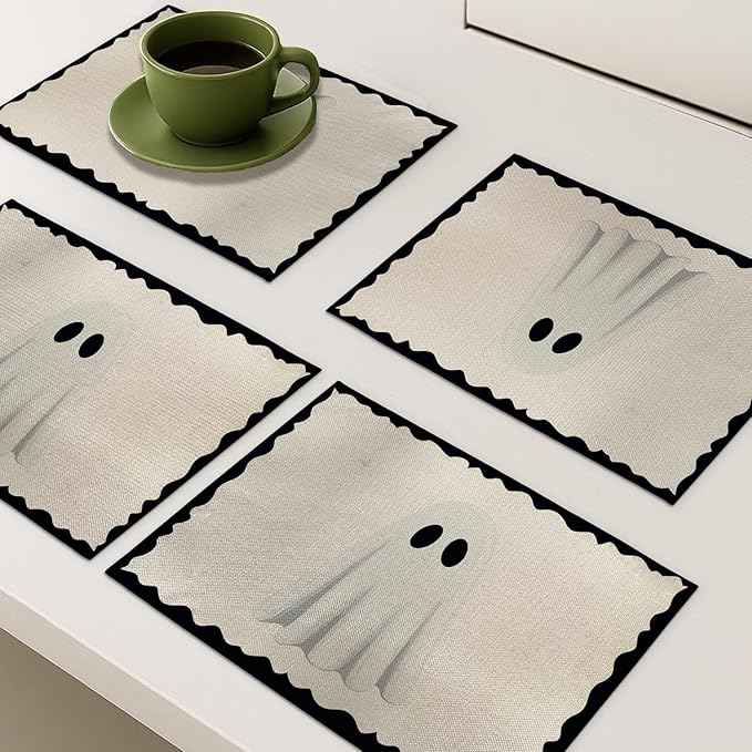 Halloween Ghost Placemats, 4Pcs Black&White Washable Heat Resistant 12×18 Inch Table Mats Cute Place Mats for Party Outdoor Decoration Kitchen Dining Décor-Ruum Studio Home