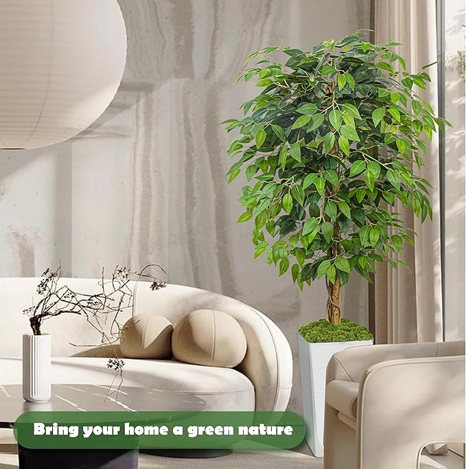 Artificial Ficus Tree 5FT Faux Floor Tree with Planter UV Resistant Potted Fake Silk Plant, Real Wood Trunk-Indoor Outdoor Lifelike Fake Ficus Tree for Home, Living Room Bedroom Topiary Tree-Ruum Studio Home