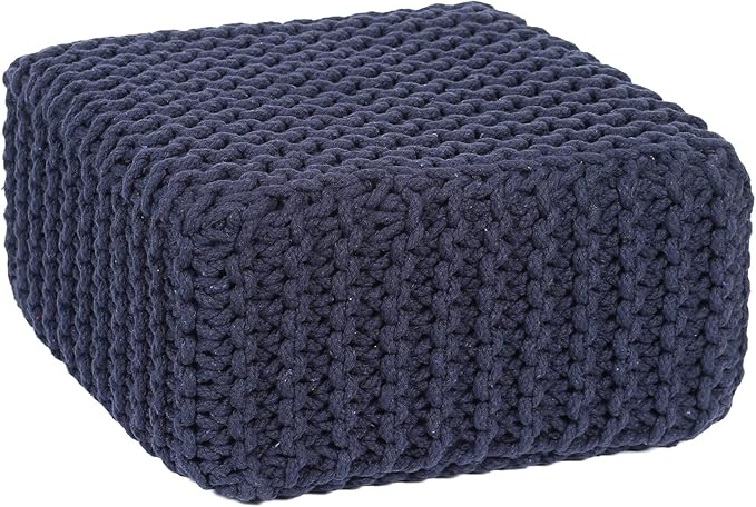 REDEARTH · Cube Low Pouf Foot Stool Ottoman - Hand Knitted Poof - Cord Boho Pouffe - Home Décor - Stuffed Footrest for Living Room - Nursery - Bedroom - Patio (16" x 16" x 8") - Navy Blue-Ruum Studio Home