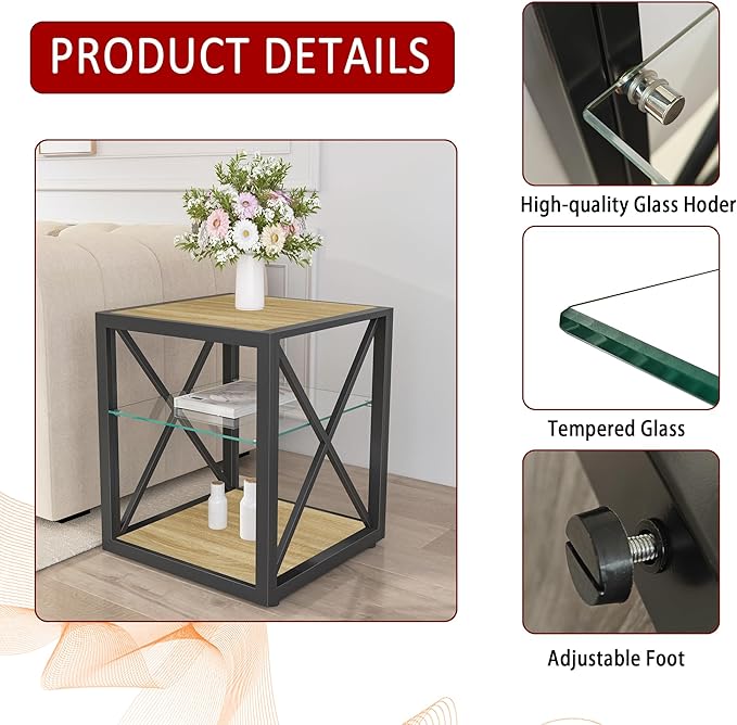 Farmhouse End Table, Modern Side Table with 3-Tier Storage Shelf, Square Rustic Nightstand, Accent Tea Table, for Bedroom Office Living Room, Brown, Natural Wood, Glass, Metal-Ruum Studio Home