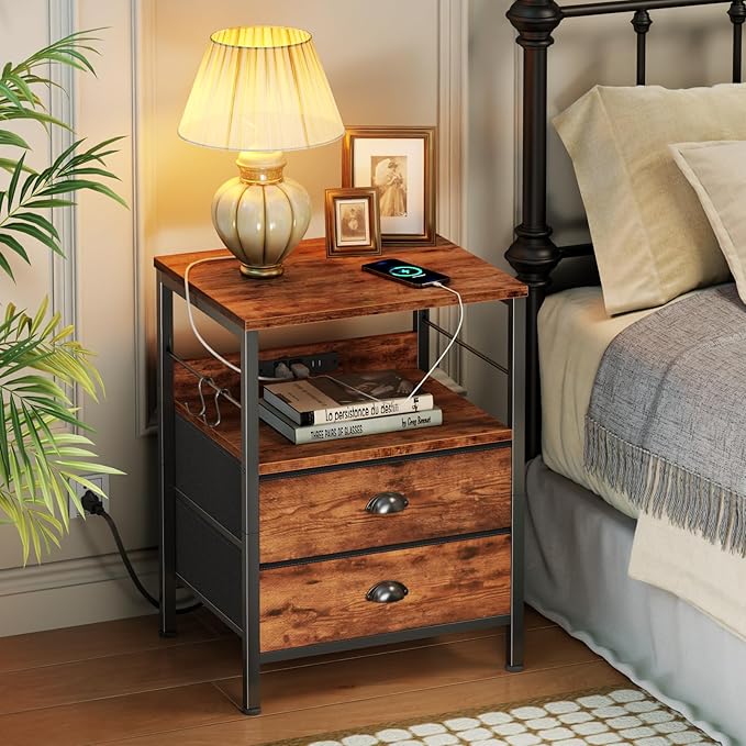 Furologee Night Stand with Charging Station, Bedside Table with Fabric Drawers, End Table with USB Ports & Outlets, Rustic Nightstand with Storage Shelf & Hooks, for Living Room/Bedroom, Rustic Brown-Ruum Studio Home