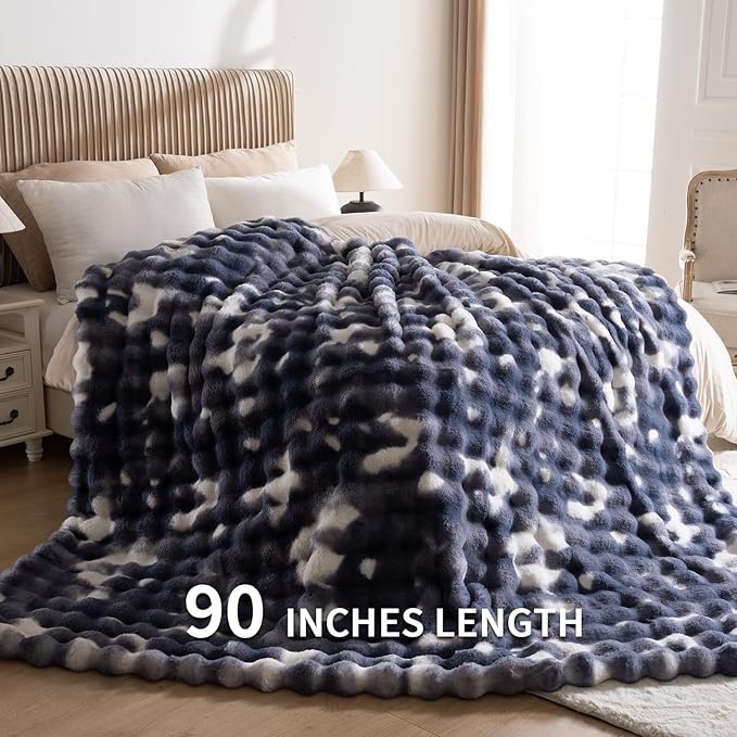 Cozy Faux Fur Throw Blanket for Bed Warm Fuzzy Throw Blanket, Soft Plush Thick Bubble Blankets for Bedroom and Living Room, Furry Luxury Blanket, 90 x 90,Tie-Dye Blue-Ruum Studio Home