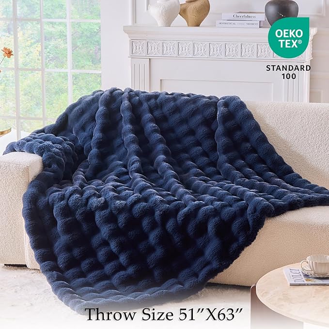 BENVWE Fluffy Faux Fur Throw Blanket for Couch, Soft Plush Thick Cozy Fuzzy Luxury Minky Bubble Blanket for Home Living Room Decor Gift for Women, Navy Blue, 51" x 63", 1100GSM-Ruum Studio Home