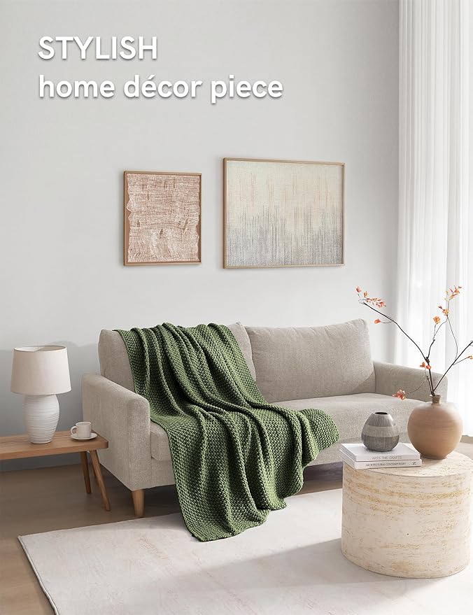 YnM Chunky Cotton Knit Throw Blanket, Cable Knit Throws for Bed Couch Sofa, Comfy & Relaxing, Decorative Piece for Farmhouse Modern Boho Rustic Scandinavian Chic Vibe, Pine Green 50x60 Inches-Ruum Studio Home