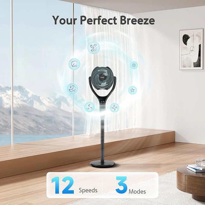 Standing Fan for Bedroom, 90° & 120° Oscillating Pedestal Fan, 3 Heights Adjustable Floor Fan with Brushless DC Motor, 12 Speeds, 3 Modes, Night Light, 12H Timer, Remote for Home, Dorm, Office-Ruum Studio Home