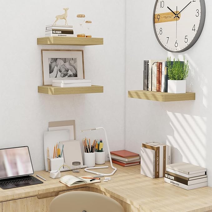 Fun Memories Floating Shelves for Wall - 10 x 16 Floating Shelf - Rustic Wood Storage Shelf - Wall Shelves with Invisible Bracket - 16" Bookshelves for Living Room & Bedroom - Oak - Set of 2-Ruum Studio Home