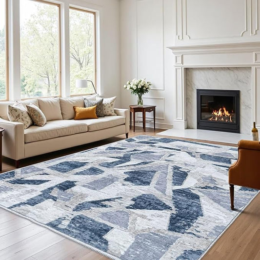 Modern Abstract Blue 8X10 Area Rug for Living Room Bedroom Washable, with Non-Slip Rubber Backing Print Faux Wool Thin, Throw Large Carpet for Kids Playroom Dining Room Pet & Child Friendly-Ruum Studio Home
