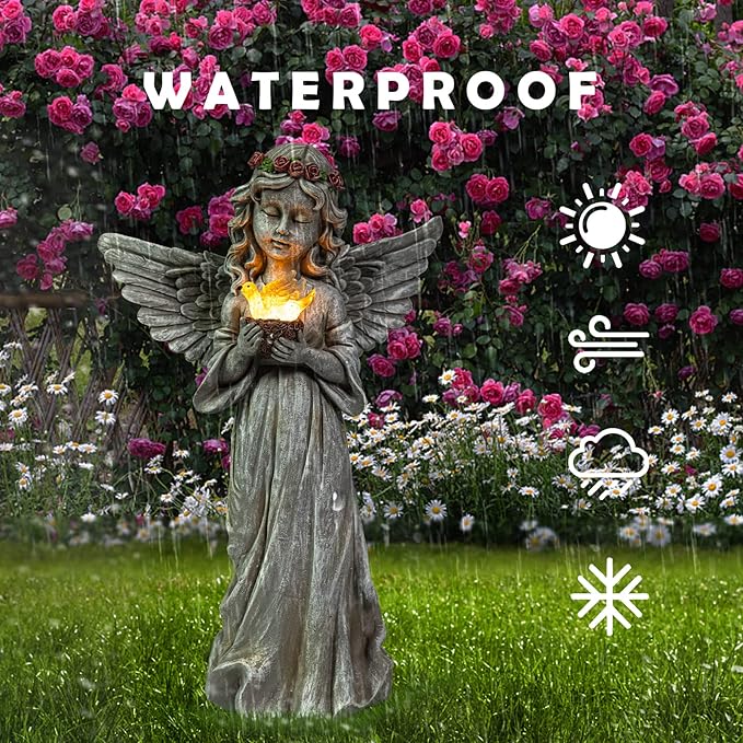 Angel Garden Statue Outdoor Decor, Angel Garden Figurine Hold Dove with Solar Lights Waterproof Resin Yard Art Decoration Lawn Ornament Sculpture for Outside Patio Yard Gift-Ruum Studio Home