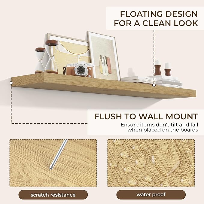RICHFOCUS 55Inch Floating Shelves for Wall 1 Pack Shelves for Bedroom|Kitchen|Bathroom Wall Mounted Rustic Wood Floating Shelf with Invisible Brackets for Books|Storage|Decor, Oak-Ruum Studio Home