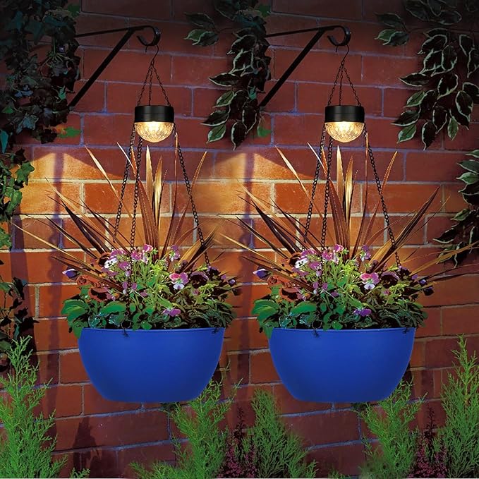 2 Packs Hanging Planters Basket for Outdoor Plants, Solar Powered Self Watering Blue Round Plastic Flower Pots with Drainer for Balcony Patio Garden Outdoor Decoration-Ruum Studio Home