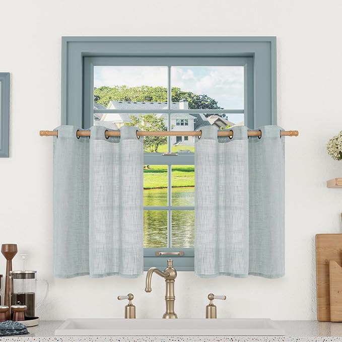 LAMIT Short Linen Curtains 36 Inch Length for Half Window, Semi Sheer Light Filtering Panels Bronze Grommet Drapes for Basement/Kitchen, Greyish Blue, 2 Panels, 34 x 36 Inch-Ruum Studio Home